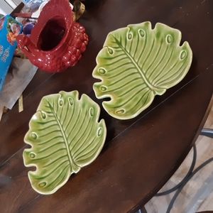 Salad Plate Set Ceramic Green Leaf Tablewear dinner 2 MONTEREY COLLECTION